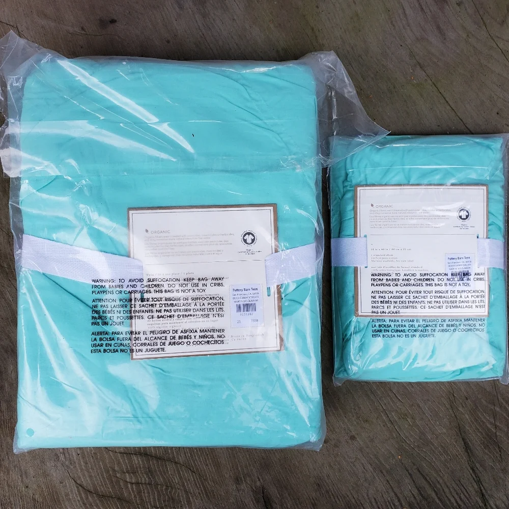 Pottery Barn Organic Ruched Diamond Twin XL Duvet Cover & Sham Turquoise Blue